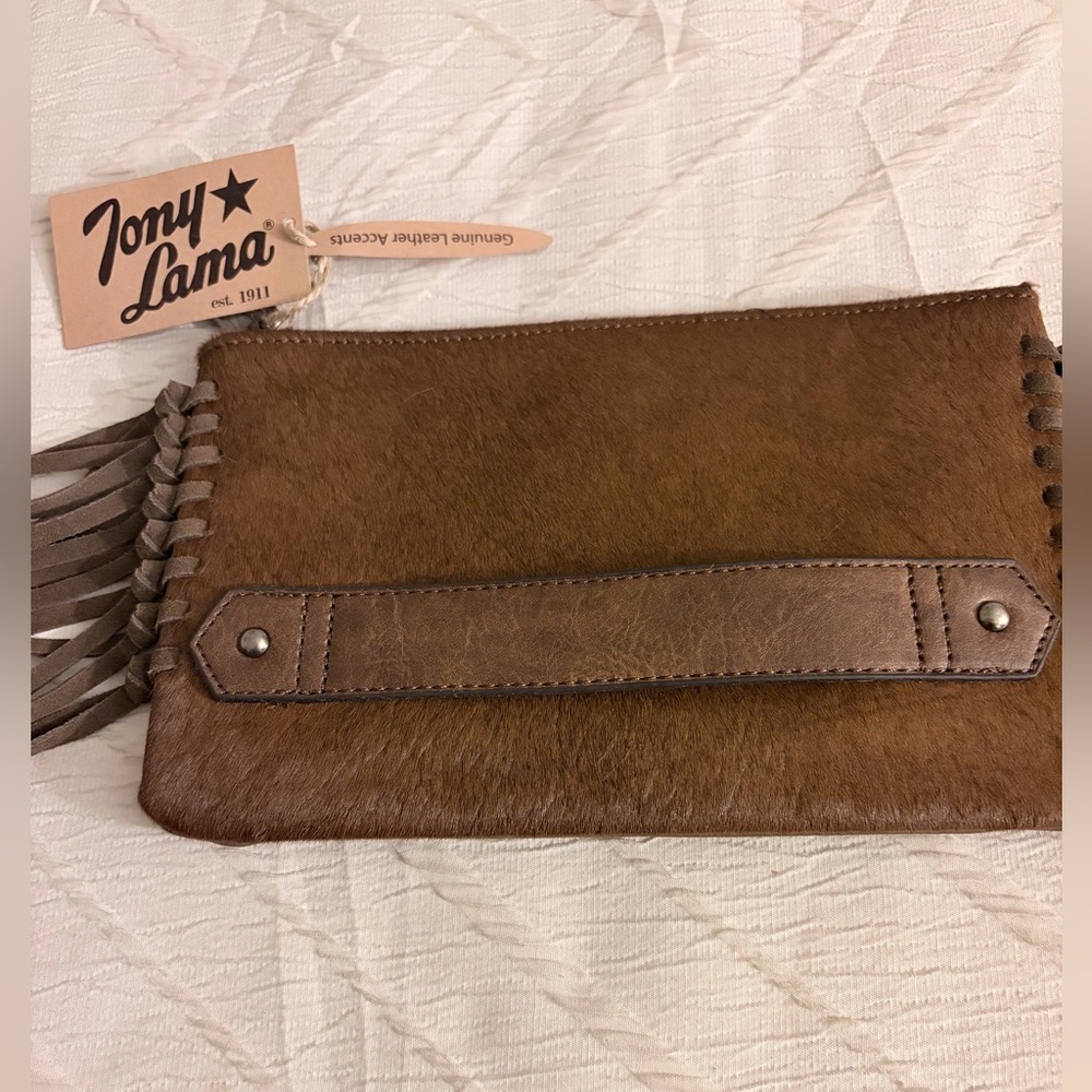 Tony Lama Brown Leather calf hair fringe western clutch purse NWT - Picture 2 of 8